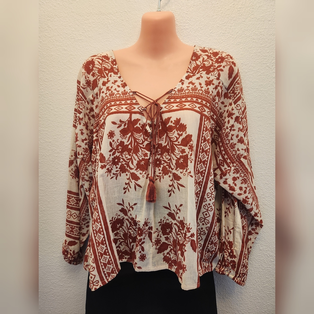 Peasant Style Tie Front 3/4 Sleeve Blouse with Relaxed Fit